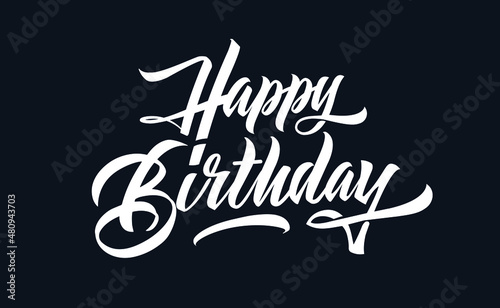 Vector illustration: Handwritten modern brush lettering of Happy Birthday on black background. Typography design. Greetings card.