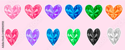 Hearts gemstone sticker printable. Valentines heart diamonds vector illustration