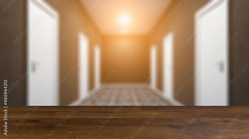 Fototapeta premium The Corridor in office building. 3D rendering. Sunset.. Background with empty table. Flooring.
