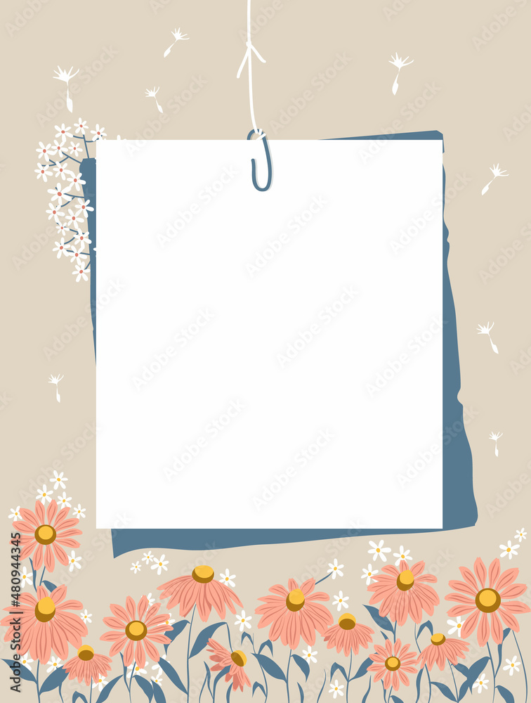 Sheets of paper connected with a paperclip hang on a thread. Note paper and pink wild flowers on a beige background. Vector illustration, flat style Sheets of paper connected with a paperclip hang on a thread. Note paper and pink wild flowers on a beige background. Vector illustration, flat style