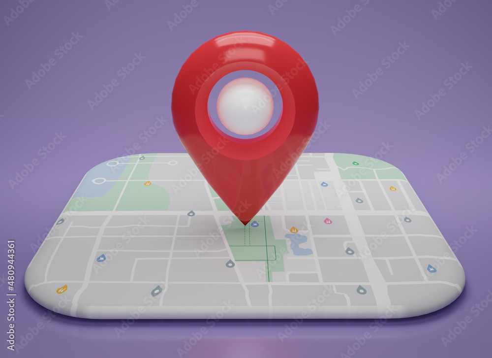 Gps.red Navigator Pin Checking With Map On Purple Background. Location 