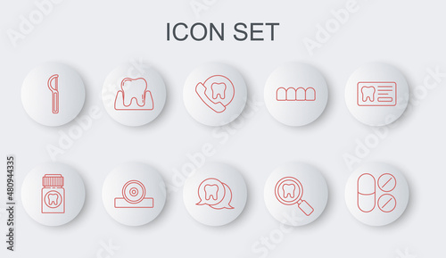 Set line Painkiller tablet, Online dental care, Dental search, floss, Tooth, Otolaryngological head reflector and icon. Vector