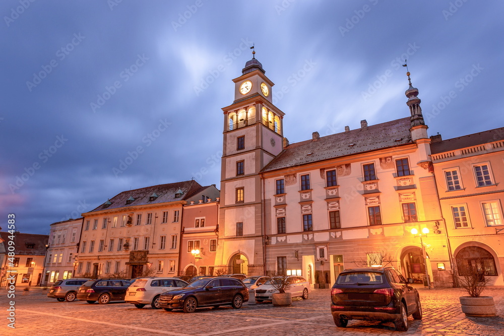 Naklejka premium Masaryk square in the old town of Trebon, Czech Republic.