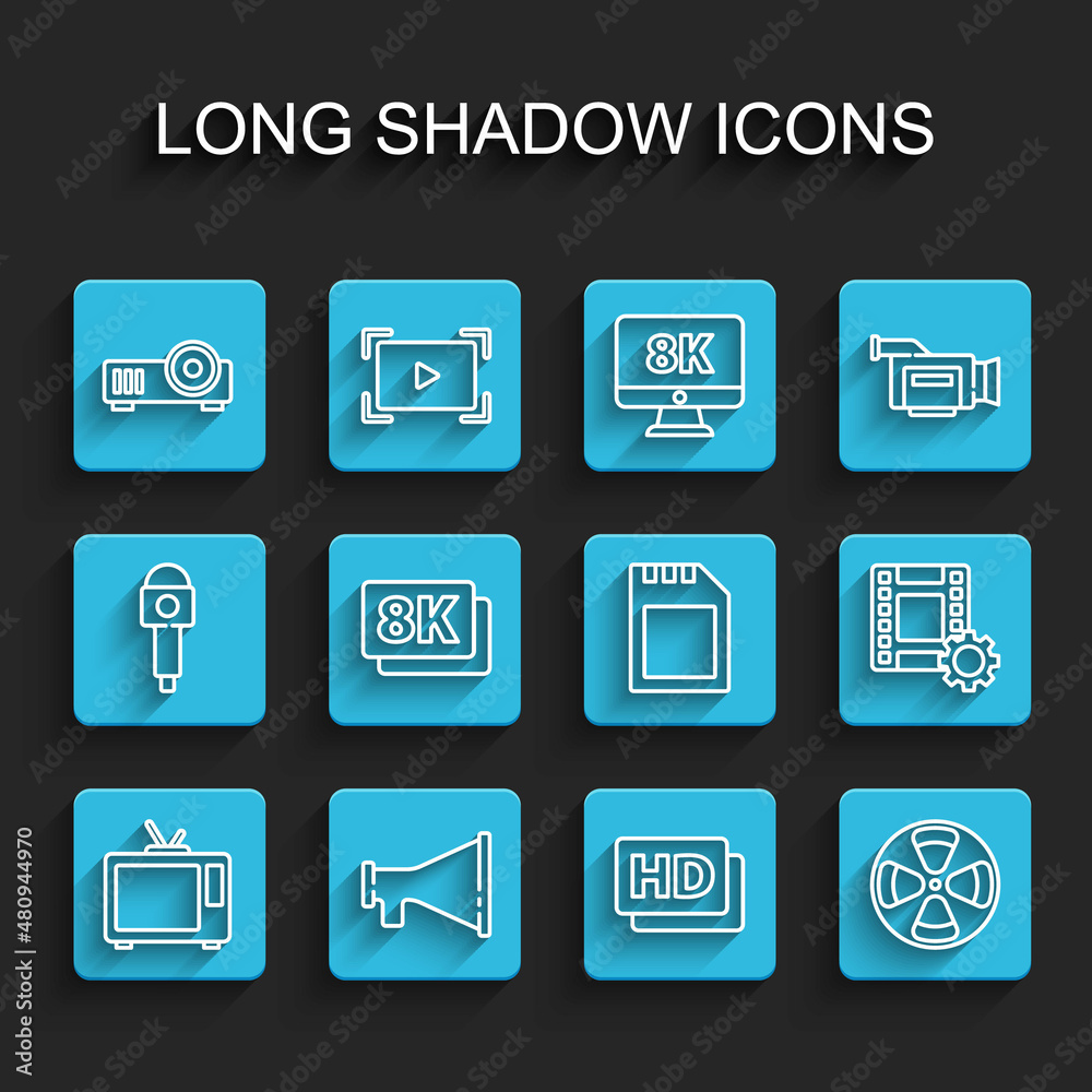 Set line Retro tv, Megaphone, Media projector, Hd movie, tape, frame, Film reel, 8k Ultra HD, Play Video and SD card icon. Vector