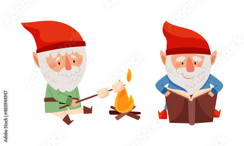 Gnome daily routine activities. Cute scandinavian gnomes frying marshmallows and reading book cartoon vector illustration