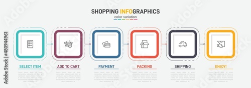 Concept of shopping process with 6 successive steps. Six colorful graphic elements. Timeline design for brochure, presentation, web site. Infographic design layout.