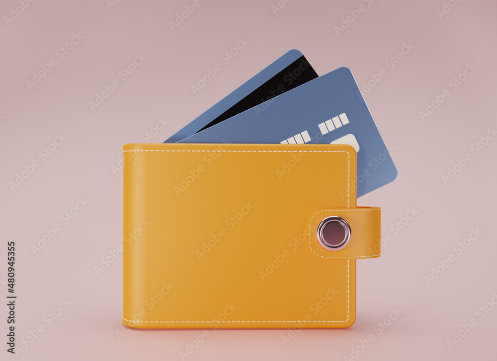 Yellow leather wallet with credit cards. 3d render with yellow purse and cash on pink backgroung. 3D rendering style. Business and money-saving, cashless society concept. Yellow leather wallet with credit cards. 3d render with yellow purse and cash on pink backgroung. 3D rendering style. Business and money-saving, cashless society concept.
