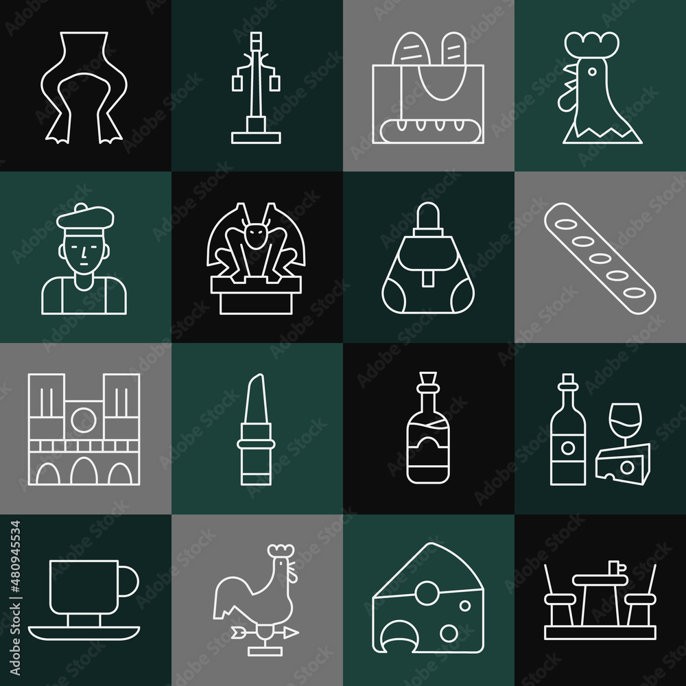 Set line French cafe, Wine bottle with cheese, baguette bread, Gargoyle on pedestal, man, Frog legs and Handbag icon. Vector Set line French cafe, Wine bottle with cheese, baguette bread, Gargoyle on pedestal, man, Frog legs and Handbag icon. Vector