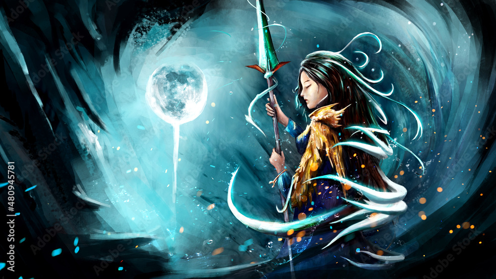 Fototapeta premium a girl with long glowing hair holds a sharp magic spear in her hands. she wears a golden dragon skin, and magic sparks fly in the air. a bright blue moon shines on the sharp rocks of the cave.2d art