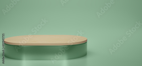 Shiny purple with wood oval pedestal or podium in studio backdrops. Purple melallic oval. Blank display or clean room for showing product. Copy space. Minimalist mockup for showcase. 3D rendering.