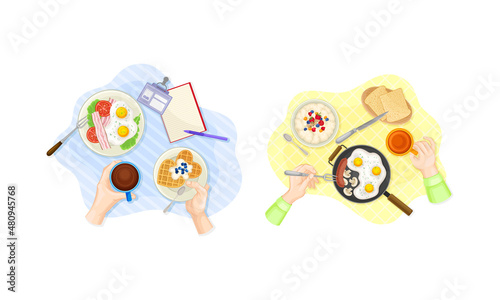 View from above of hands and breakfast dishes set. Waffle, porridge and fried eggs served on plates vector illustration