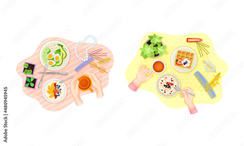 View from above of hands and breakfast dishes served on plates set vector illustration View from above of hands and breakfast dishes served on plates set vector illustration