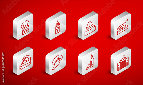 Set line Prado museum, Giralda, Yacht sailboat, Spanish jamon, Bottle of olive oil, Sangria pitcher, Fan flamenco and Concert hall de Tenerife icon. Vector