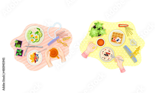 View from above of hands and breakfast dishes served on plates set vector illustration