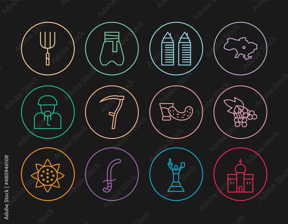 Set line Church building, Branch viburnum, Two towers Dnipro, Scythe, Ukrainian cossack, Garden pitchfork, Glass with vodka and Cossack pants icon. Vector Set line Church building, Branch viburnum, Two towers Dnipro, Scythe, Ukrainian cossack, Garden pitchfork, Glass with vodka and Cossack pants icon. Vector