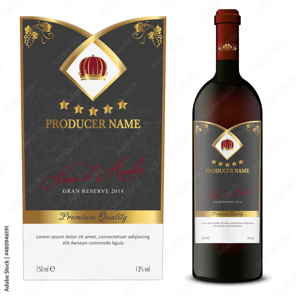 Red and White Wine Labels with Bottle