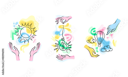 Ecology and environment protection set. Human hands with sun, bulb and hot air balloon hand drawn vector illustration