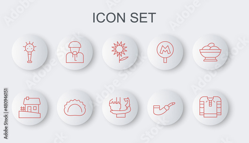 Set line Embroidered shirt, Ukrainian house, Sunflower, Smoking pipe, Mace, cossack, Dumplings and Monument to founders of Kiev icon. Vector