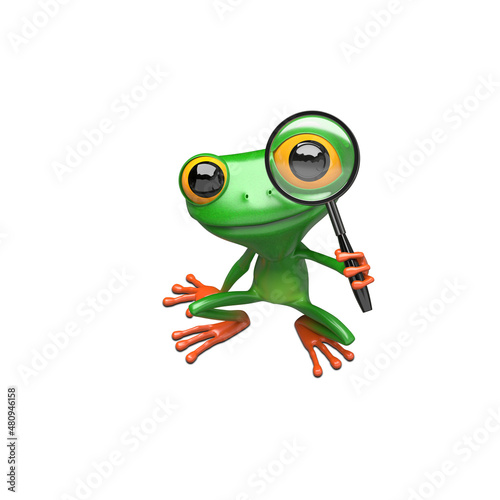 3D Illustration Green Frog with Magnifier
