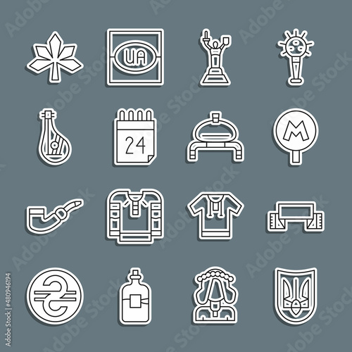 Set line Ukrainian trident, Embroidered towel, Metro or Underground, Mother Motherland monument, Independence day of Ukraine, Bandura, Chestnut leaf and Bread salt icon. Vector