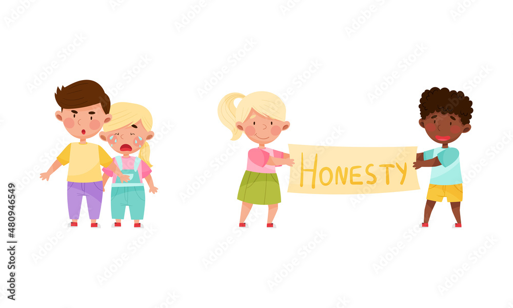 Honest and fair children set. Kids protecting younger one and holding banner with honesty inscription cartoon vector illustration Honest and fair children set. Kids protecting younger one and holding banner with honesty inscription cartoon vector illustration