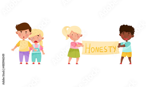 Honest and fair children set. Kids protecting younger one and holding banner with honesty inscription cartoon vector illustration