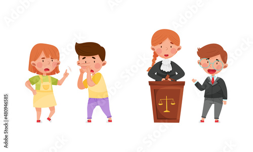 Honest and fair children set. Girl accusing her friend of lying and playing lawman and judge cartoon vector illustration