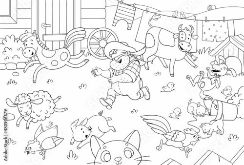 Friendly farmer and his animals. The  blind man's buff game. Rest in countryside. Eco living. Coloring book for children. Cartoon vector illustration.