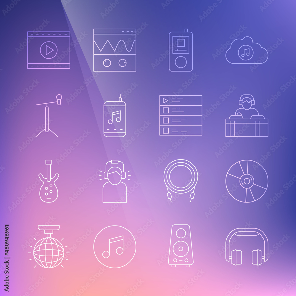 Set line Headphones, CD or DVD disk, DJ playing music, Music player, Microphone with stand, Online video and playlist icon. Vector Set line Headphones, CD or DVD disk, DJ playing music, Music player, Microphone with stand, Online video and playlist icon. Vector