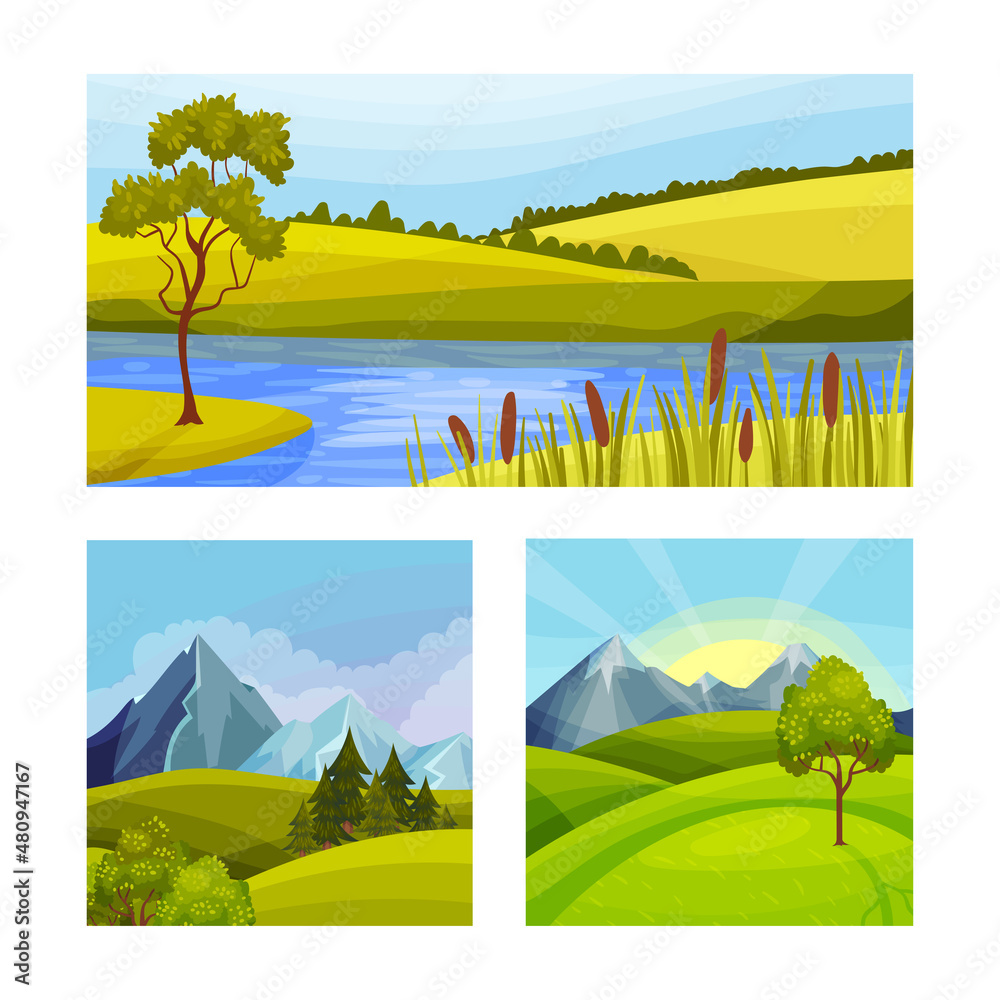 Beautiful summer landscape set. Scenic nature scenes with lake and green hills vector illustration