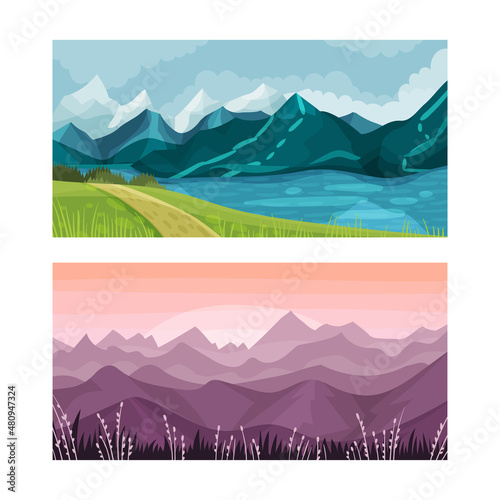 Beautiful mountain landscape in evening and under purple morning sky vector illustration