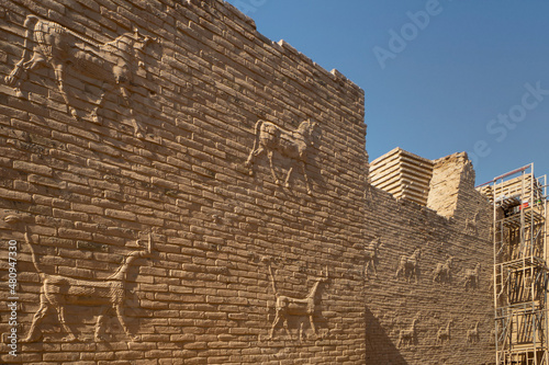 Reliefs at walls in the ancient city of Babylon, Iraq