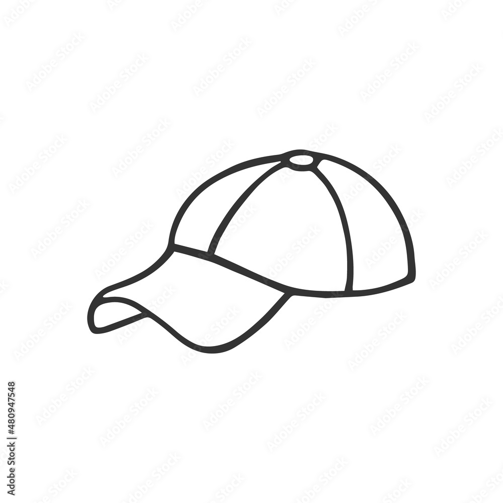 Fototapeta premium Single hand drawn baseball cap. In doodle style, black outline isolated on white background. Cute element for card, social media banner, sticker, print, decoration kids playroom. Vector illustration