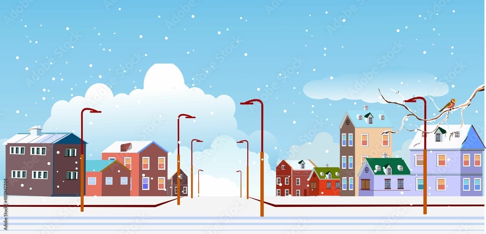 Winter landscape, winter urbanical landscape, city street and colored houses and cottage, clouds and sky vector
