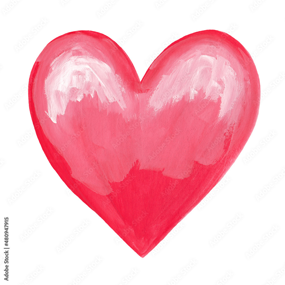 bright pink heart isolated on white background. raster hand drawn pink heart with gouache in realistic style