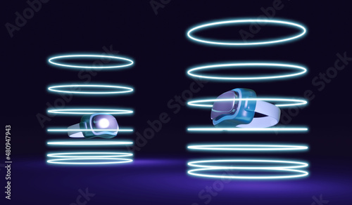 Fototapeta Naklejka Na Ścianę i Meble -  3D Rendering of metaverse VR glasses with round ring neon light on background concept future technology gaming virtual reality platform. 3D render illustration cartoon style.