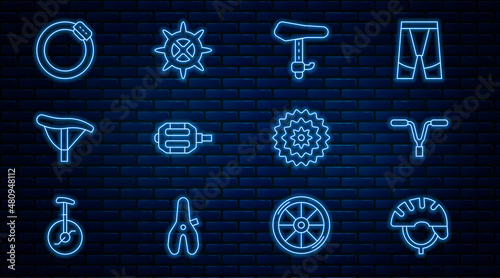 Set line Bicycle helmet, handlebar, seat, pedal, brake disc, cassette and sprocket crank icon. Vector