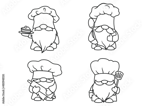 Set of garden cookes gnomes. Collection of cute holidays cooking elves with chef's hats. Vector illustration of baker gnomes on white background. Drawing for children.