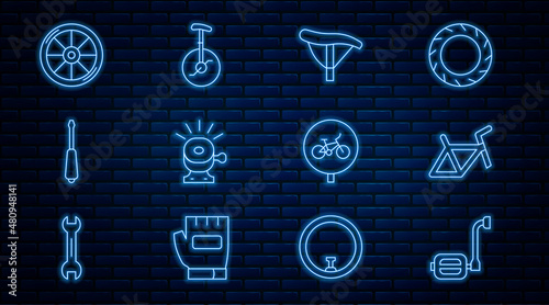Set line Bicycle pedal, frame, seat, bell, Screwdriver, wheel, and Unicycle or one bicycle icon. Vector
