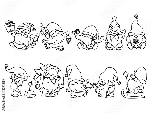 Set of little garden gnomes. Collection of cute holidays elves with hats. Vector illustration for New Year postcard. Drawing for children.