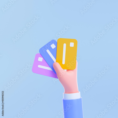 3d Handhold three different credit cards, card payment, credit card accept, cashless society concept. 3d render illustration photo