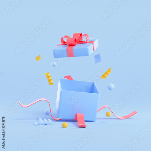 3d open gift box, minimal surprise package on blue background. 3d render illustration photo