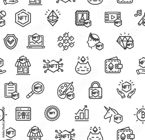 Nft Crypto Sign Thin Line Seamless Pattern Background. Vector