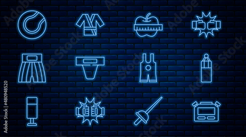 Set line Stopwatch, Punching bag, Apple and measuring tape, Groin guard, Boxing short, Tennis ball, Wrestling singlet and Japanese costume Kimono icon. Vector