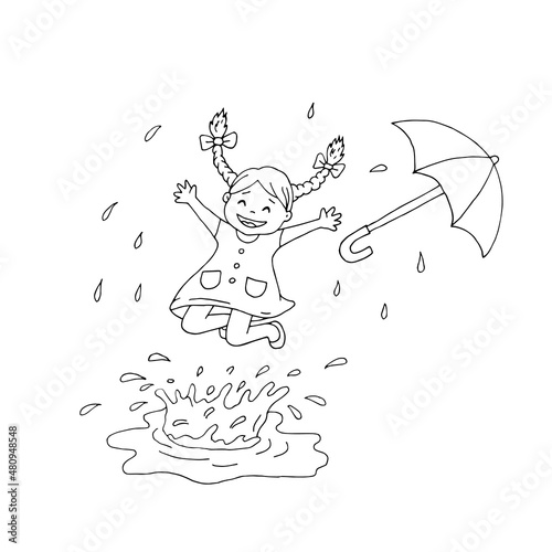 A little girl has fun jumping in the puddles in the rain. Fun, emotion. Rain. Puddles. Umbrella. Happy child on a walk. Doodle. Drawn by hand. Sketch. Silhouette. Black and white. Contour. Coloring.