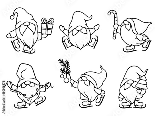 Set of Christmas little gnomes. Collection of cute ice skates gnomes with candy's, presents, christmas tree, etc. Vector illustration for New Year postcard. Drawing for children.