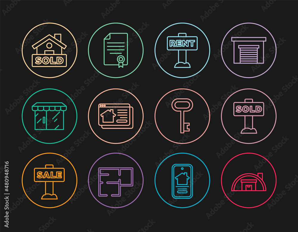Set line Warehouse, Hanging sign with text Sold, Rent, Online real estate, Market store, House key and contract icon. Vector Set line Warehouse, Hanging sign with text Sold, Rent, Online real estate, Market store, House key and contract icon. Vector