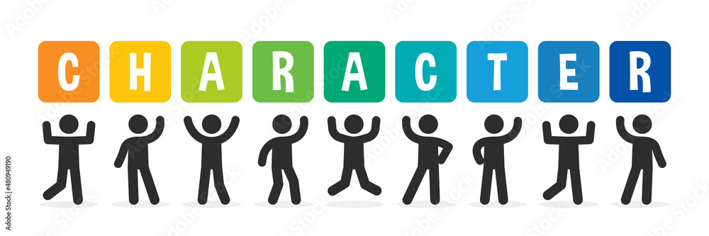 Character banner. People holding letters character sign. Character banner. People holding letters character sign.