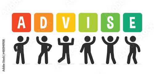 People standing together and holding advise sign banner isolated on white background.