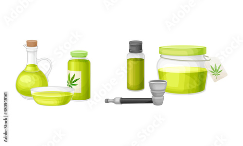 Cannabis and hemp processing products set. Hemp seed oil and cosmetic products vector illustration